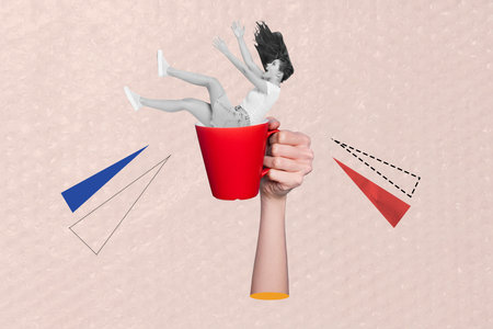 Composite 3D photo collage design trend sketch of huge hand hold cup drink beverage hot coffee tea catch young ladyの写真素材
