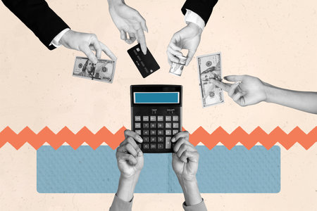 Sketch full zine artwork collage of hands hold calculator tool count ebank dollar banknotes income credit card cashless incomeの写真素材