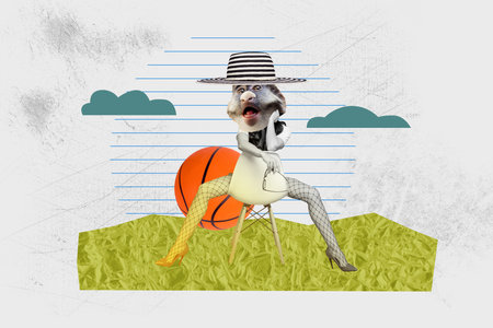 Composite sketch design 3D photo collage of nature street young lady legs sit armchair posing monkey head hat summer basketball gameの写真素材