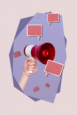Image surreal collage of person hand show object with speech bubble on purple backgroundの写真素材