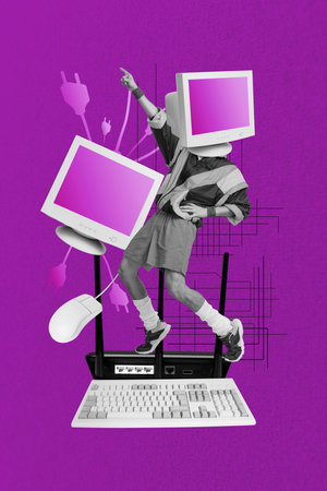 3d sketch image vertical collage of anonym girl guy instead head pc monitor addiction technology wifi router keypad mouse plugの写真素材