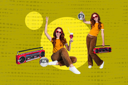 Pop zine full image 3d collage poster of happy girl dance relax party concert performance...