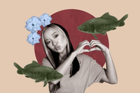Creative photo collage trend artwork template of young lady kiss hand gesture showing fish flower sakura china oriental eastern traditionの写真素材