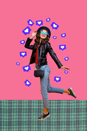 Vertical sketch artwork banner collage of happy girl guy receive like reaction valentine day donationの写真素材