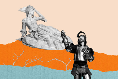 Creative sketch artwork collage of happy soldier man wear steel armor protection sing poem duchess girl romantic medieval eraの写真素材
