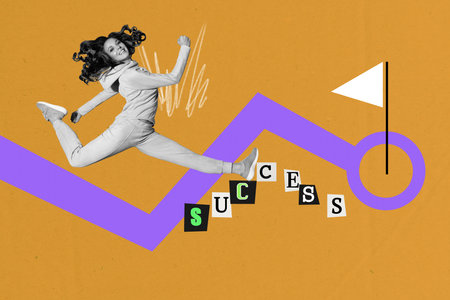 Composite art 3d creative image collage of happy businesswoman businessman run finish flagpole development statistics progressの写真素材