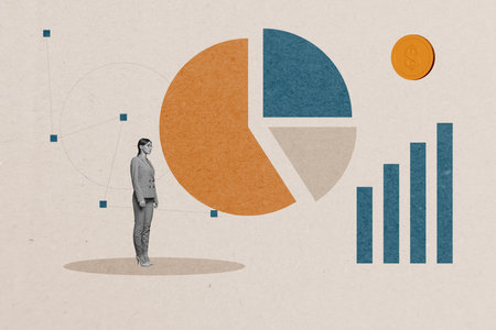 Pop 3d zine full art collage of happy businessman businesswoman receive career promotion chart diagram statistics progressの写真素材