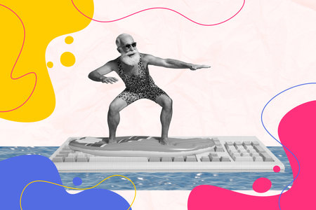 Composite trendy photo collage of happy old man ride surfboard summer activity keypad office vacation weekend vibe pool swimmerの写真素材