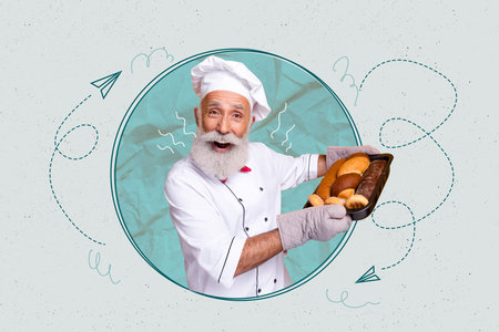 Pop poster collage of chef person stand on green circle frame background