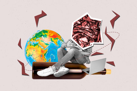 Pop zine 3d image collage of headless stand save earth protection rubbish globe bag plastic pollution damage problem bottleの写真素材