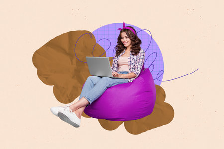3d sketch poster trend collage of happy businesswoman sit beanbag freelancer type laptop device programming office workerの写真素材