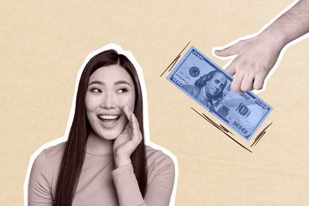 Trend artwork banner sketch 3D photo collage of finance cash investment market income young lady...