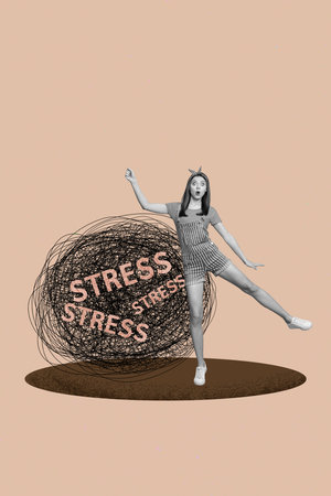 Surreal poster collage of person having messy lines with stress phrase on pastel brown backgroundの写真素材