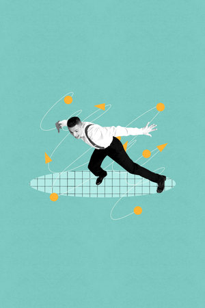 Artwork trend collage of person moving near curvy figure lines on green color backgroundの写真素材