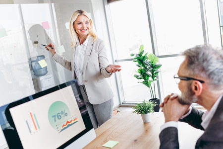Professional colleagues discussing ideas during a business meeting with a graph presentation in a...