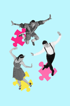 Artwork photo vertical collage of three happy girl guys stand puzzle element development match jigsaw teamwork cooperation planの写真素材