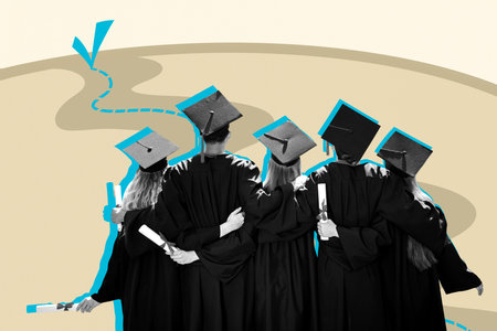 Poster trend sketch 3D collage of team friends man lady hugs stand back hat cloak intelligent university success study education graduateの写真素材