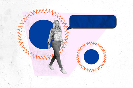 Composite 3D collage trend artwork template design of young lady walk smile text note sms email mind dialog bubble speech communicationの写真素材