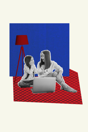 artwork banner creative collage of two happy girls preteen daughter mom surf laptop elearn education springの写真素材