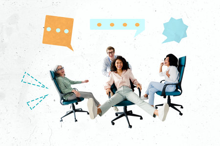 Composite 3D collage artwork template design of team manager three lady one man sit armchair funny...