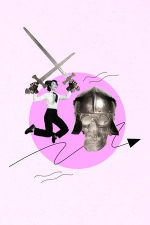 Template collage design trend artwork sketch of warrior knight hero vintage ancient clothing helmet...
