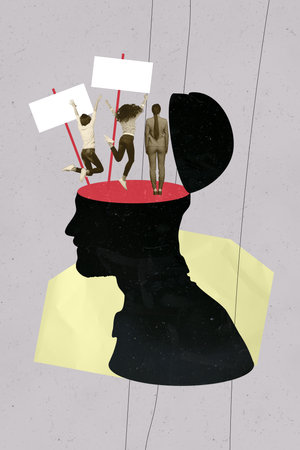 Sketch vertical photo collage of anonym girls jump half head shadow man gender feminism revolution hold picket strike agitationの写真素材