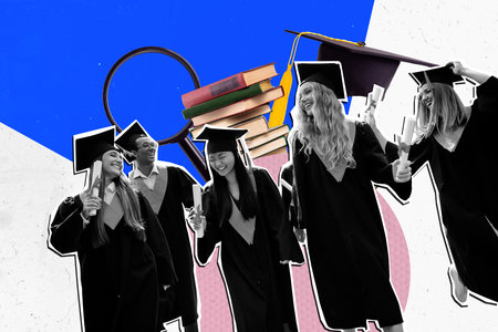 Trend artwork sketch design montage 3D collage of textbook student hobby read education friends wear uniform university hat zoom glassの写真素材