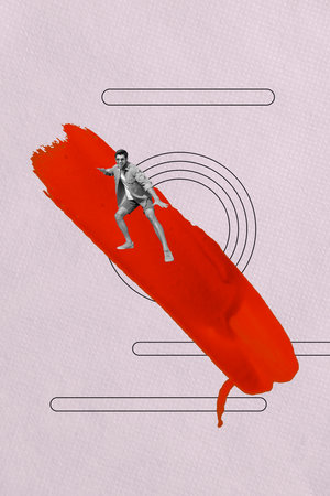 Trend artwork template design 3D collage sketch of young man stand smooth pattern acrylic brushstroke gouache texture red color balanceの写真素材