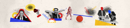 Abstract concept collage depicting stress in the workplace and daily challenges with artistic...