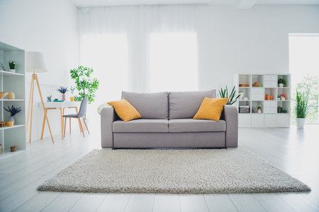 Modern and cozy living room with stylish furniture and home decor details in a bright and light filled interiorの写真素材