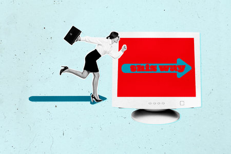 Contemporary art collage of happy businesswoman stand pc monitor freelancer development career success promotionの写真素材