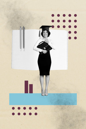 Retro visual collage of learner person on pastel background with geometry dots shapeの写真素材