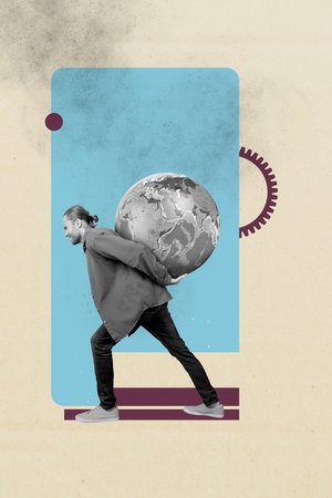 Pinup banner collage of person hold planet earth sit on square shape with cog gear wheel symbolの写真素材