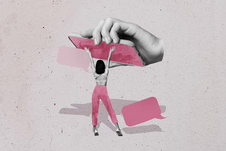 3d sketch image full zine collage of happy girl hand chatterbox notification speech icon receive message communication phoneの写真素材