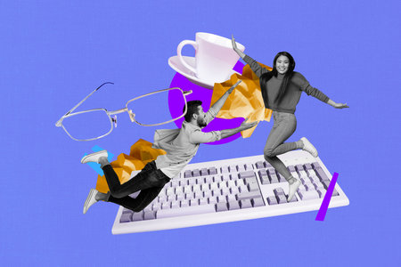 Composite trendy magazine photo collage of two happy business girl guy stand keypad office supply coffee cup break glassesの写真素材