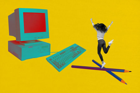 Exclusive artwork banner creative collage of anonym businesswoman freelancer jump pc monitor office pencil desktop keypadの写真素材