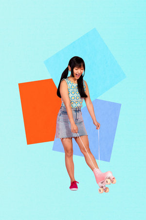 Vertical sketch 3d collage poster of happy girl wear roller-skates party concert performance celebration music entertainment eventの写真素材