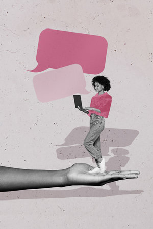 3d sketch image vertical collage of hand hold happy girl guy chatterbox speech notification correspondence mail talk dialogueの写真素材