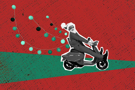 Composite photo collage of happy old man ride vespa moped garland decor xmas delivery service event...