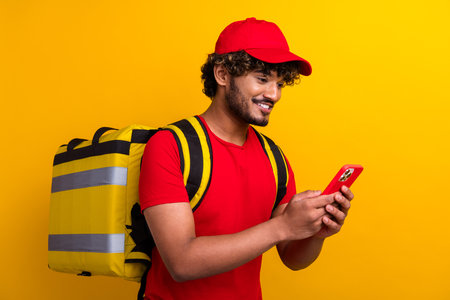 Cheerful courier with yellow backpack using smartphone on a vibrant colored background.の写真素材