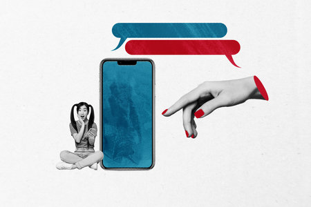 Image contemporary photo collage of shocked girl hold phone communication icon speech phrase dialogue message notificationの写真素材