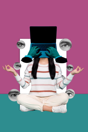Sketch vertical photo collage of anonym girl guy instead head laptop device hands type keypad eyeball stare espionageの写真素材