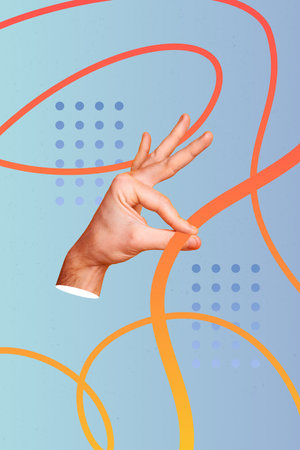 Vertical photo collage of human hand hold needle knot problem solving game resolve organization tied conceptの写真素材