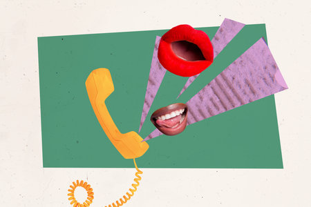3D photo collage trend sketch template artwork of lips speak talking fragment face abstract landline phone call chatting rumors newsの写真素材