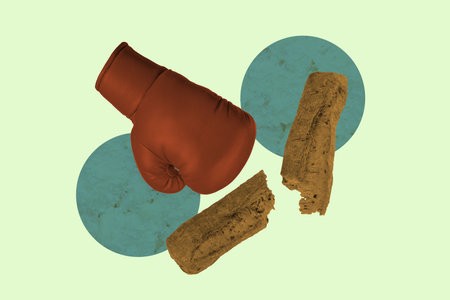 Trend artwork sketch design montage 3D collage of sportive boxing glove, bread, cereal, diet, cuisine, meal, organic, culinaryの写真素材