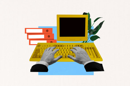 Contemporary artwork collage of hands type keyboard pc monitor screen office worker flower pot...