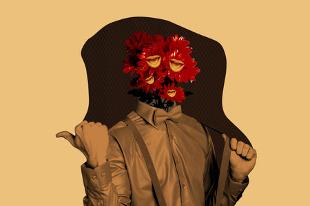 Sketch image trend artwork montage 3D photo collage of headless gentleman hand show gesture thumb bloom plant nature mouth smileの写真素材