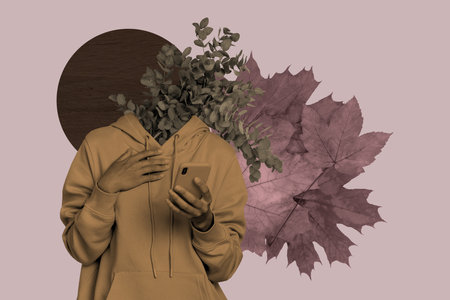 3D collage trend artwork composite sketch poster of female body caricature headless eucalyptus instead hand hold smartphone maple leavesの写真素材