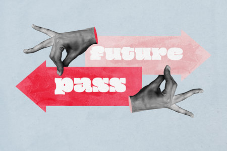 Composite design trend artwork collage of hand choice target analyzing success trade stats future past arrow option developmentの写真素材