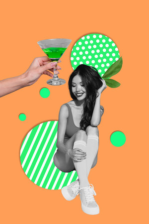 Vertical poster collage of happy guy girl dance wine glass relax pub occasion alcohol pub celebration chill weekend holidayの写真素材